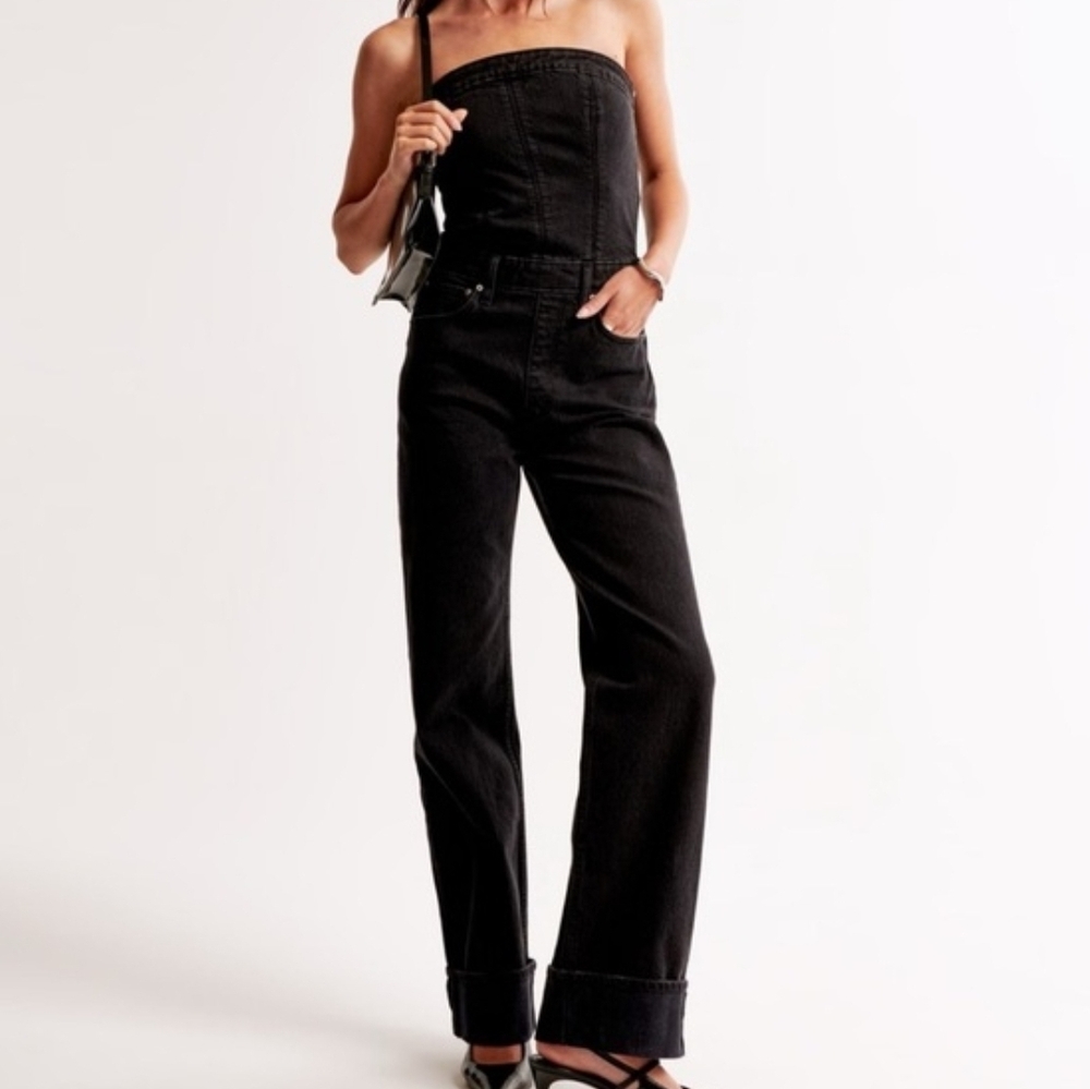 Abercrombie & Fitch Black Denim Strapless Overalls